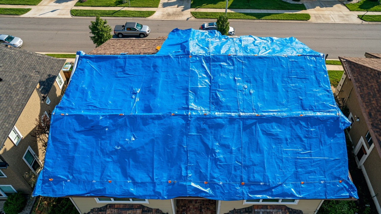 Emergency roof tarp installed on storm-damaged home in Mayflower, AR