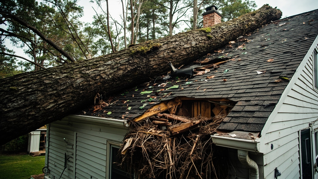 Large tree fallen on residential roof after wind storm in Arkansas