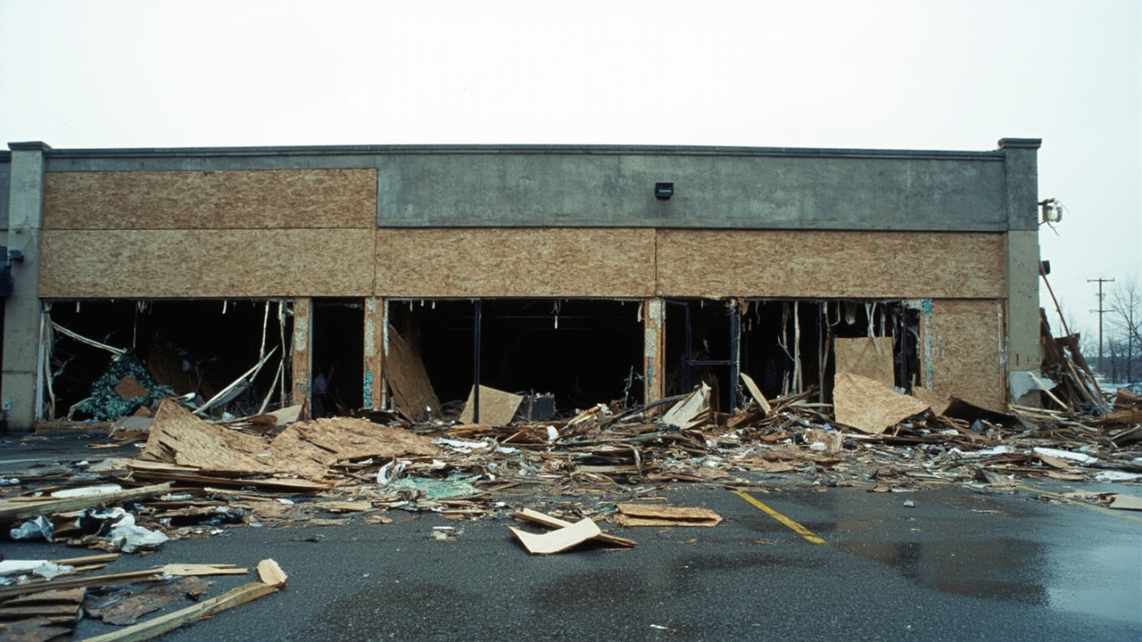 Commercial building with storm damage board-up and cleanup in Arkansas